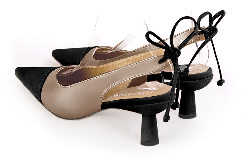 Matt black and tan beige women's slingback shoes. Pointed toe. Medium spool heels. Rear view - Florence KOOIJMAN